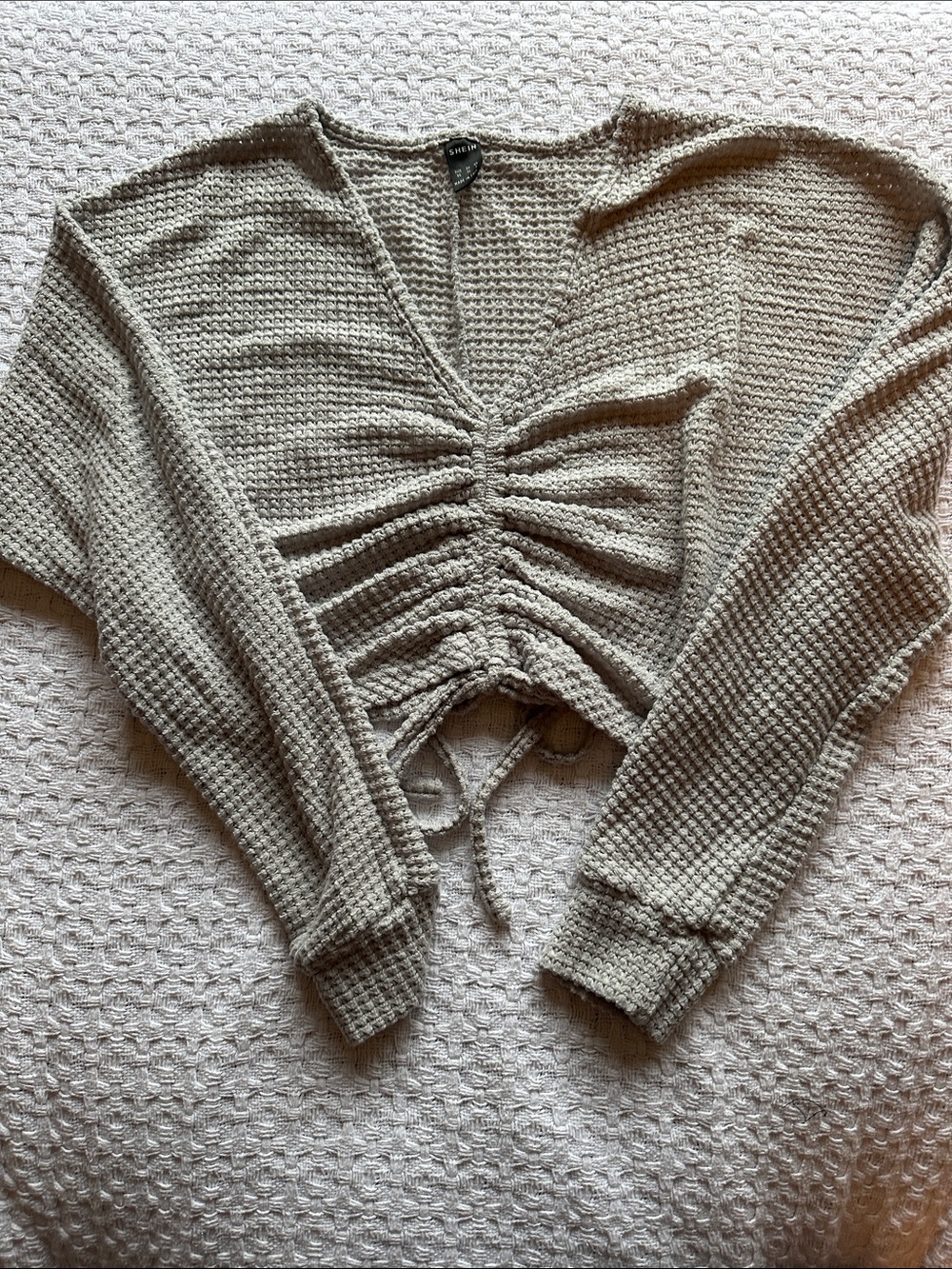 SHEIN Taupe Waffle-Knit Ruched V-Neck Crop Sweater
